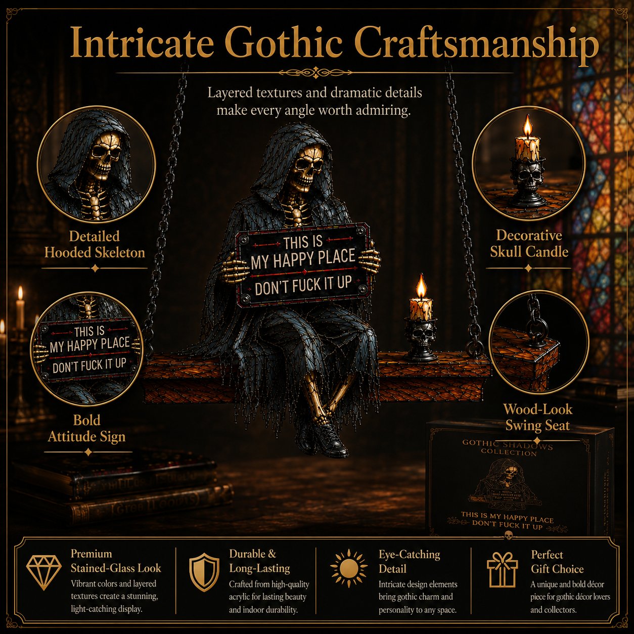 "This Is My Happy Place" 🌞Gothic Skeleton Sun Catcher💀 Handmade Stained Glass Spinner