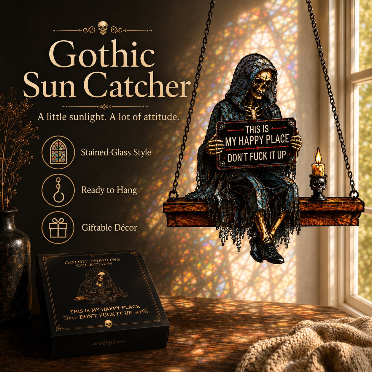 "This Is My Happy Place" 🌞Gothic Skeleton Sun Catcher💀 Handmade Stained Glass Spinner